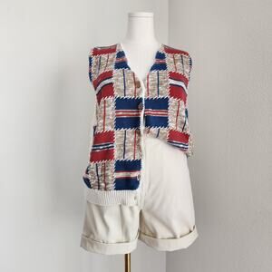 Vintage 90s Russ Americana Cotton Knit Sweater Vest Button Front Women's L XL